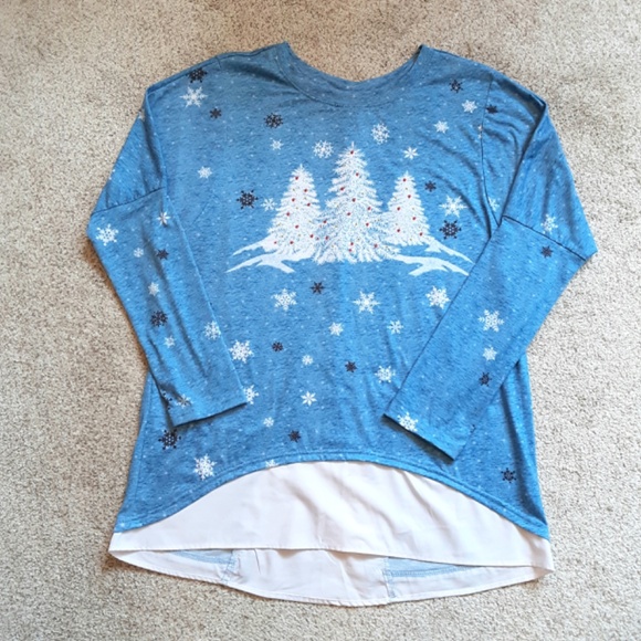 Winter Scene Trees Long Blue Tunic Long Sleeve Sz L - Picture 13 of 13